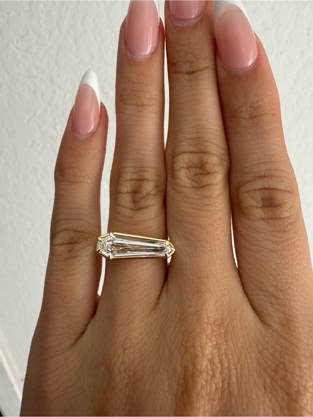 2.14 carat E VVS2 elongated shield cut east west lab diamond engagement ring